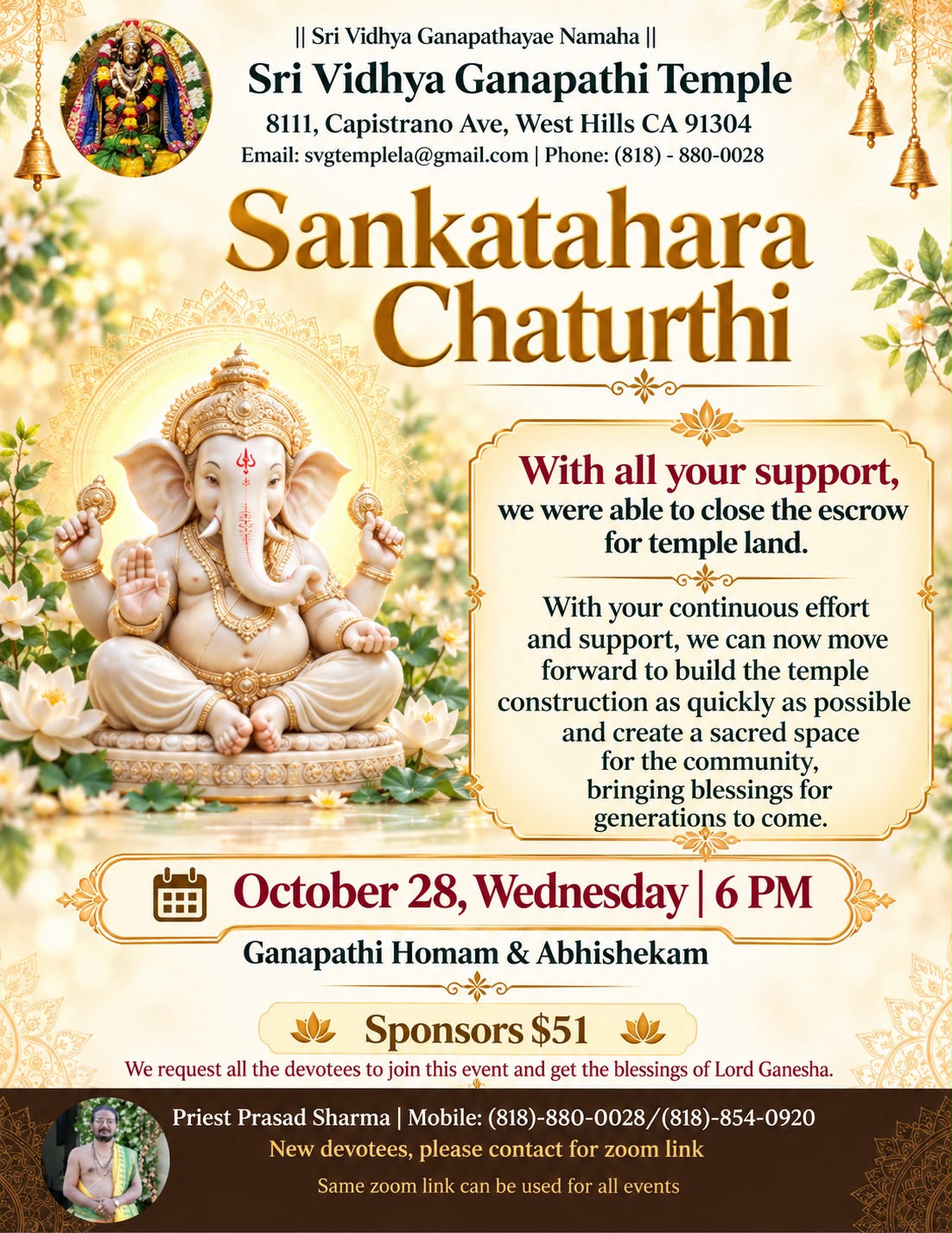 Sankatahara Chaturthi flyer – Ganapathi Homam & Abhishekam, October 28, 6 PM